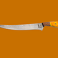 Something's Fishy Branded 
14" Stainless steel Damascus Fillet knife twist pattern 256 layers with full tang, orange and yellow swirl resin on wood handle with mosaic pin.