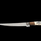 Something's Fishy Branded 
14" Stainless steel Damascus Fillet knife twist pattern 256 layers with full tang, etched Tuna Fish on Bone handle with natural brown wood finish.