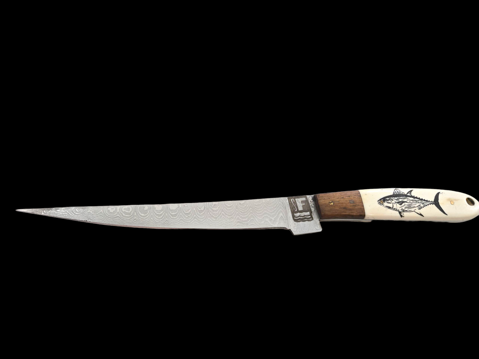 Something's Fishy Branded 
14" Stainless steel Damascus Fillet knife twist pattern 256 layers with full tang, etched Tuna Fish on Bone handle with natural brown wood finish.