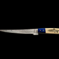 Something's Fishy Branded 
14" Stainless steel Damascus Fillet knife twist pattern 256 layers with full tang, etched Trout Fish on Bone handle with blue wood finish.